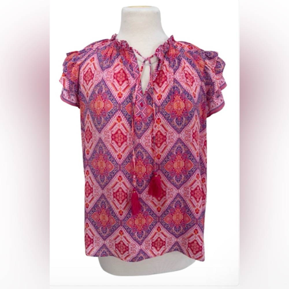 Size M Rose + Olive Pink Patterned Tassel Tie Blouse